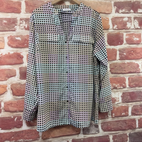 Calvin Klein Top Women's 1X Multicolor Plaid Check Button Front Tunic Shirt - Picture 2 of 8